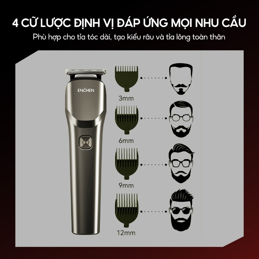 Tông đơ cắt tóc Enchen Beardo 2, lưỡi thép không gỉ, tặng 4 cử tạo kiểu - Cắt Tóc Tại Nhà Dễ Dàng