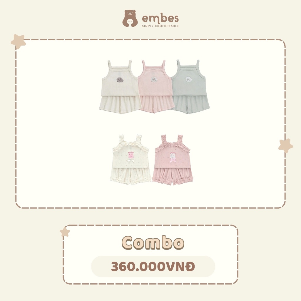 Bộ Hai Dây Cộc Cho Bé Embes, Combo 2 Bộ Hai Dây Chất Cotton Mềm Mại Cho Bé Gái Size Từ 8-18kg