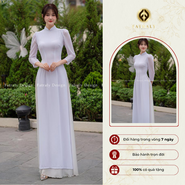 [HS01] [Tặng quần] Áo dài nữ sinh màu trắng chiffon lót lụa, thiết kế cổ trụ tay bồng lửng | FATRALY