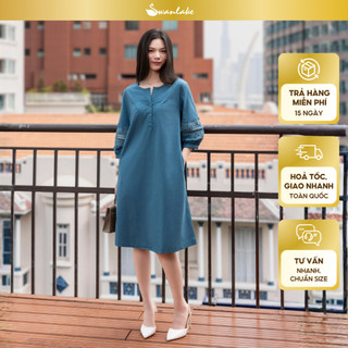 SWANLAKE | Váy Đầm Nữ Suông Cổ Trụ Cài Nút Vải Linen Tay Lỡ Phồng Thêu Hoa Phối Lưới Công Sở D12815