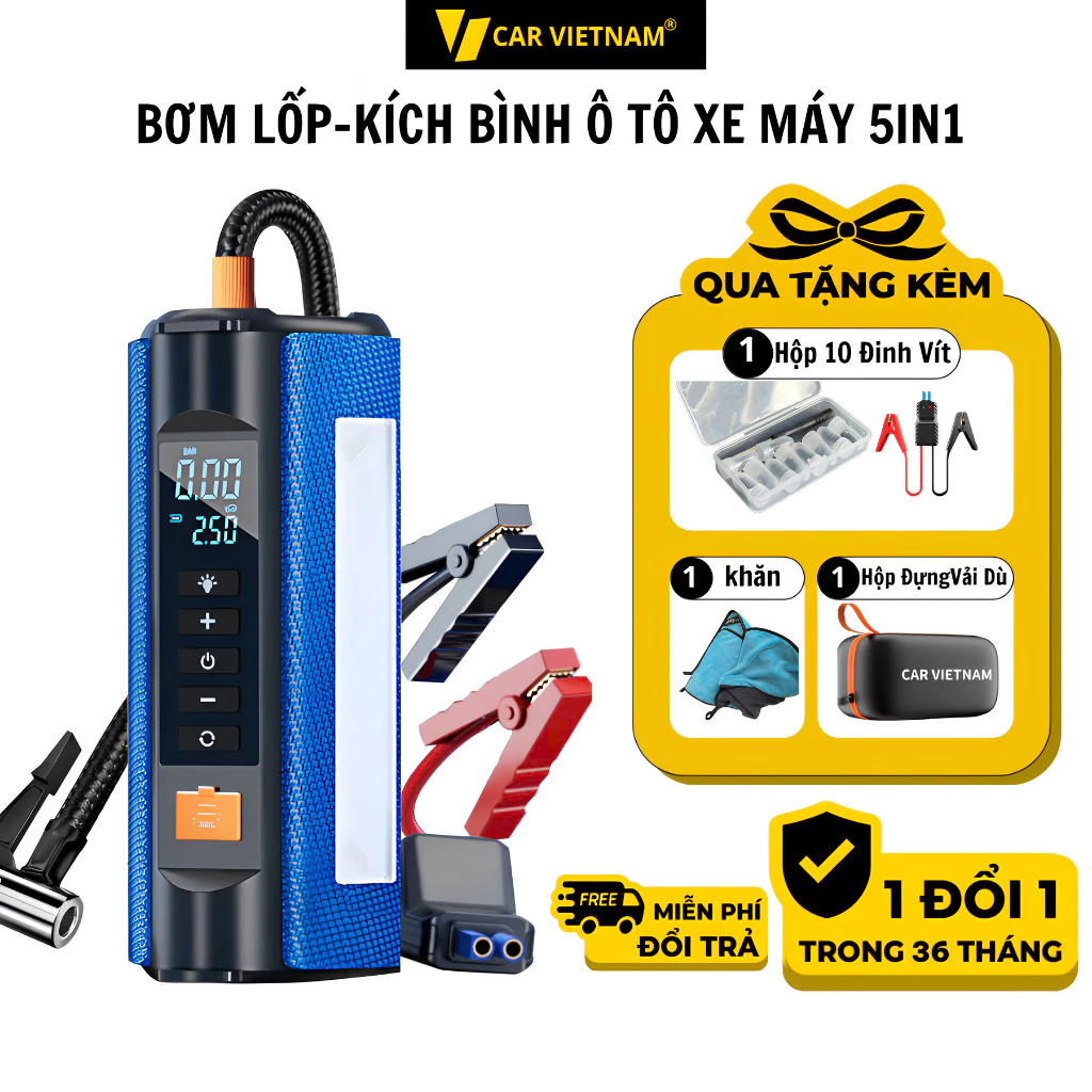 Bộ Kích Bình Bơm Lốp Ô tô, Xe Máy 5in1 CAR VIETNAM 12V, Pin 16000mah,Pin LI-PO, Kiêm Sạc Dự Phòng ,