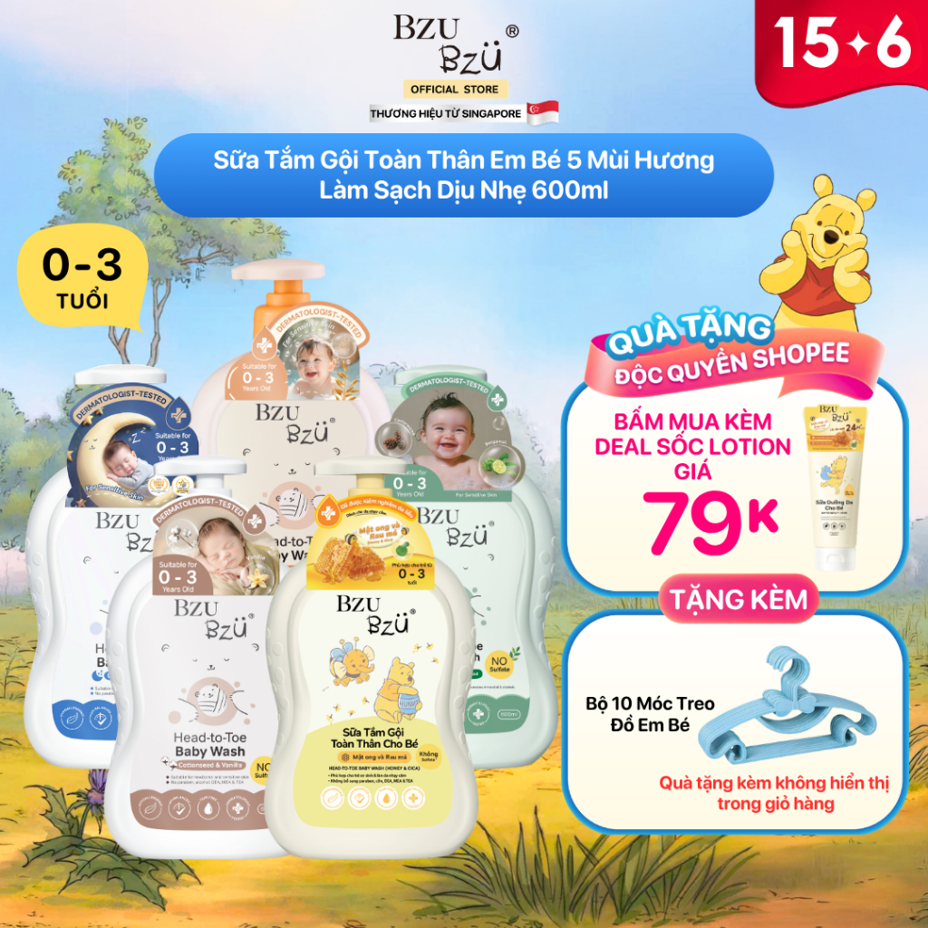 [Quà Tặng Kèm Đơn] Sữa Tắm Gội Toàn Thân Em Bé BZU BZU Baby Head to Toe Wash 5 Mùi Hương Làm Sạch Dịu Nhẹ 600ml