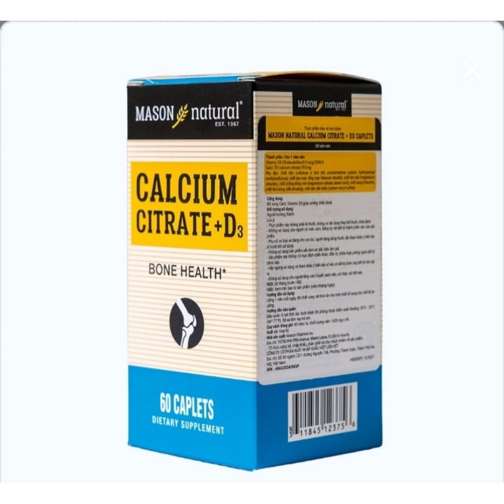 TPBVSK MASON NATURAL CALCIUM CITRATE + D3 Hỗ Trợ Xương Chắc Khỏe Hộp 60 viên