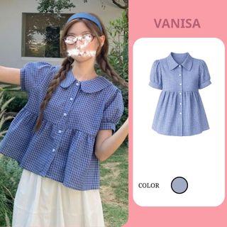Áo cotton caro xanh nữ tay phồng dáng babydoll cổ tròn thanh lịch VANISA CT427