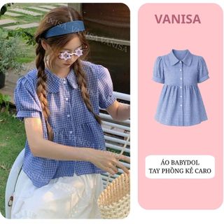 Áo babydoll nữ caro xanh dáng xòe cổ tròn Peter Pan tay phồng form rộng VANISA CT427