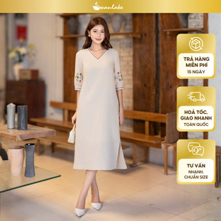 SWANLAKE | Váy Đầm Nữ Midi Suông Cổ Chữ V Tay Lỡ Thêu Hoa Vải Linen Xẻ Tà Thanh Lịch D13485