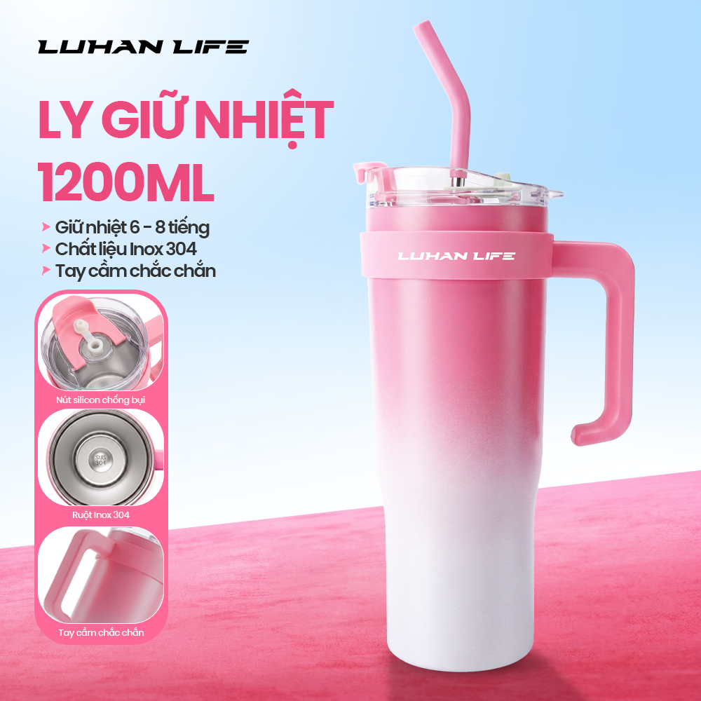 ly giữ nhiệt 1200ml Inox 304 cao cấp, cốc giữ nhiệt nhiệt nóng lạnh có quai kèm ống hút LUHANLIFE