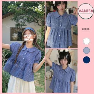 Áo kiểu nữ caro xanh cổ Peter Pan dáng babydoll chất cotton form xòe VANISA CT427
