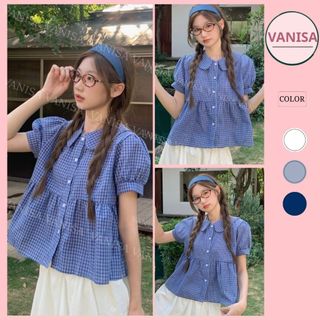 Áo caro babydoll nữ tay phồng dáng rộng cổ Peter Pan chất cotton VANISA CT427