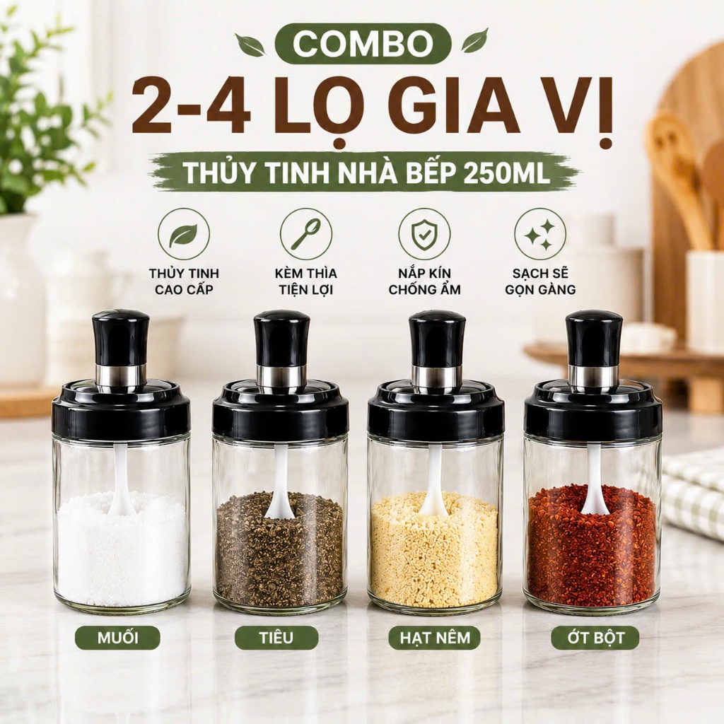 Combo 2/4 Hủ đựng gia vị bằng thủy tinh có thìa, lọ đựng gia vị kèm muỗng thông minh