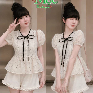 Set bộ đùi, Set thiết kế áo Ren Xô phối Ren Bèo đính nơ cao cấp xinh xắn mix short phối bèo lai