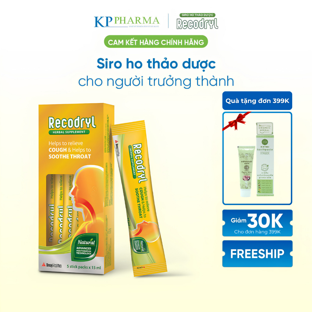 Siro thảo dược Recodryl – Hỗ trợ làm dịu họng, giảm cảm giác khô rát – Hộp 6 gói