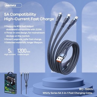 Cáp sạc nhanh 3 đầu 66W Remax RC-199th TypeC/ Laining/ MicroUSB max 6A - dây bọc dù 1.2m truyền data