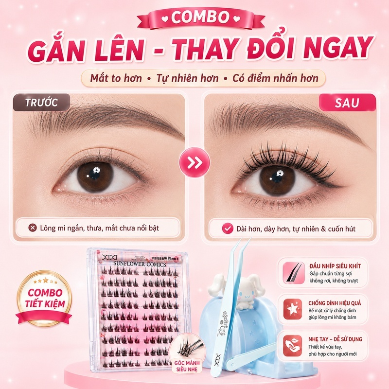 XIXI Combo Mi Giả Cụm Không Cần Keo Kèm Nhíp Gắp Mi Chống Dính, Mi Tự Nhiên Dễ Gắn JM24+GJ225