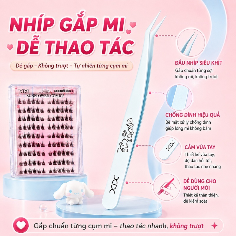 XIXI Combo Mi Giả Cụm Không Cần Keo Kèm Nhíp Gắp Mi Chống Dính, Mi Tự Nhiên Dễ Gắn JM24+GJ225