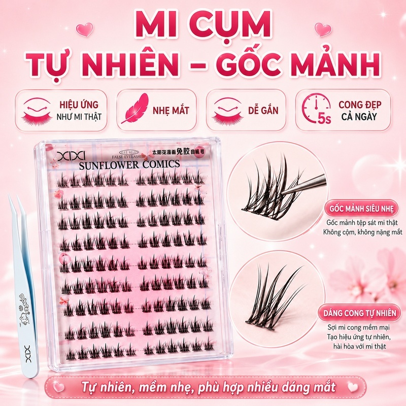 XIXI Combo Mi Giả Cụm Không Cần Keo Kèm Nhíp Gắp Mi Chống Dính, Mi Tự Nhiên Dễ Gắn JM24+GJ225
