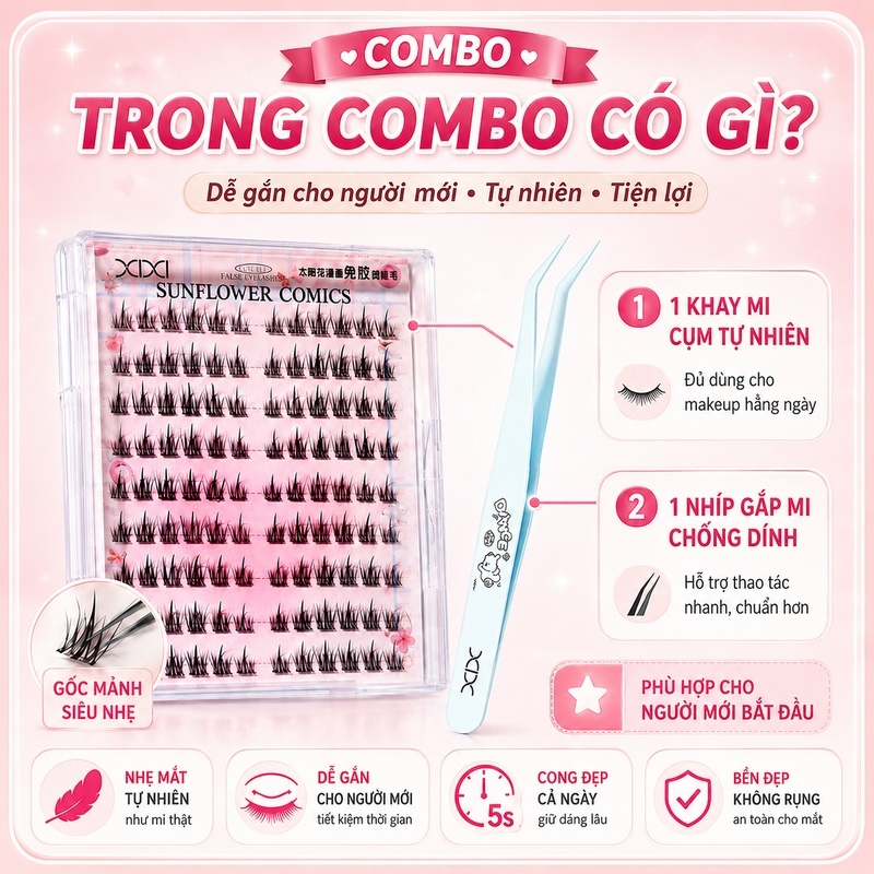 XIXI Combo Mi Giả Cụm Không Cần Keo Kèm Nhíp Gắp Mi Chống Dính, Mi Tự Nhiên Dễ Gắn JM24+GJ225
