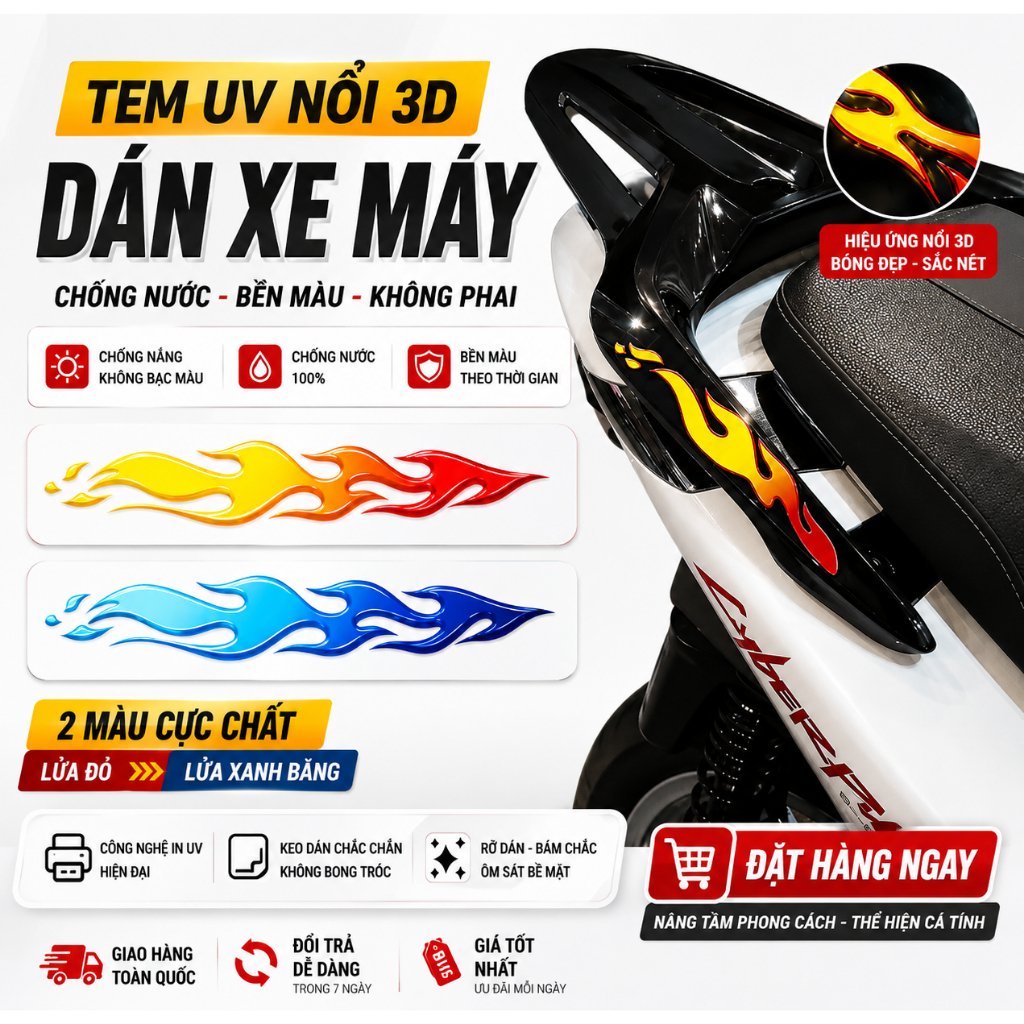Tem Lửa 🔥dán xe máy, xe điện ,lattop,nón bảo hiểm ,Tem nổi 3D chống nước, chống xước