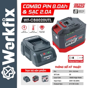 Combo Pin 20 Cell Workfix WF-CB8020UTL 21V 8.0Ah Và Sạc Nhanh 2.0A Cell 18650 Cổng Type-C USB