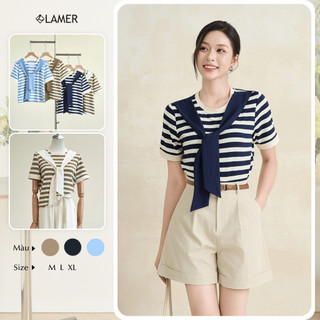 Áo Thun Nữ Basic LAMER FASHION Áo Kiểu Phối Khăn Liền Chất Cotton Mềm Mát Kẻ Sọc O61B26H016