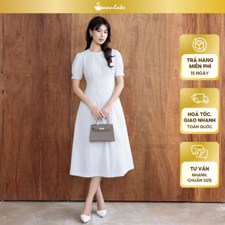 SWANLAKE | Váy Đầm Nữ Xòe Chiết Eo Tôn Dáng Vải Cotton Linen Sọc Cổ Tròn Tay Ngắn Thanh Lịch D13711