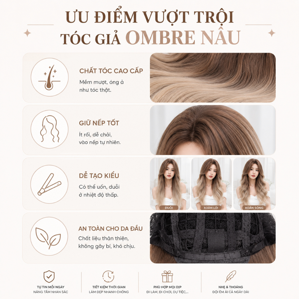 [SHOP UY TÍN] BỘ TÓC GIẢ NHUỘM PHA NÂU OMBRE HÀNG HIẾM TẶNG LƯỚI TRÙM TÓC