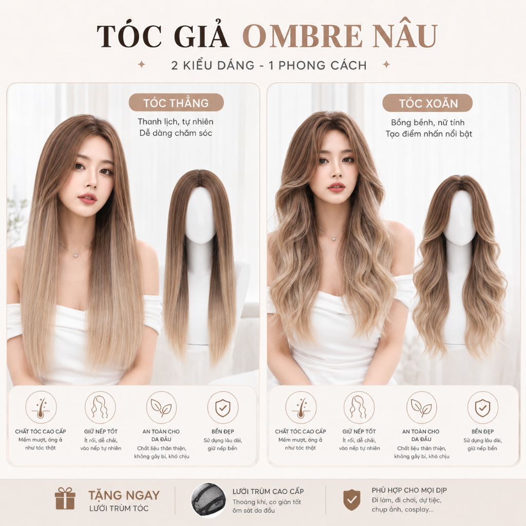 [SHOP UY TÍN] BỘ TÓC GIẢ NHUỘM PHA NÂU OMBRE HÀNG HIẾM TẶNG LƯỚI TRÙM TÓC