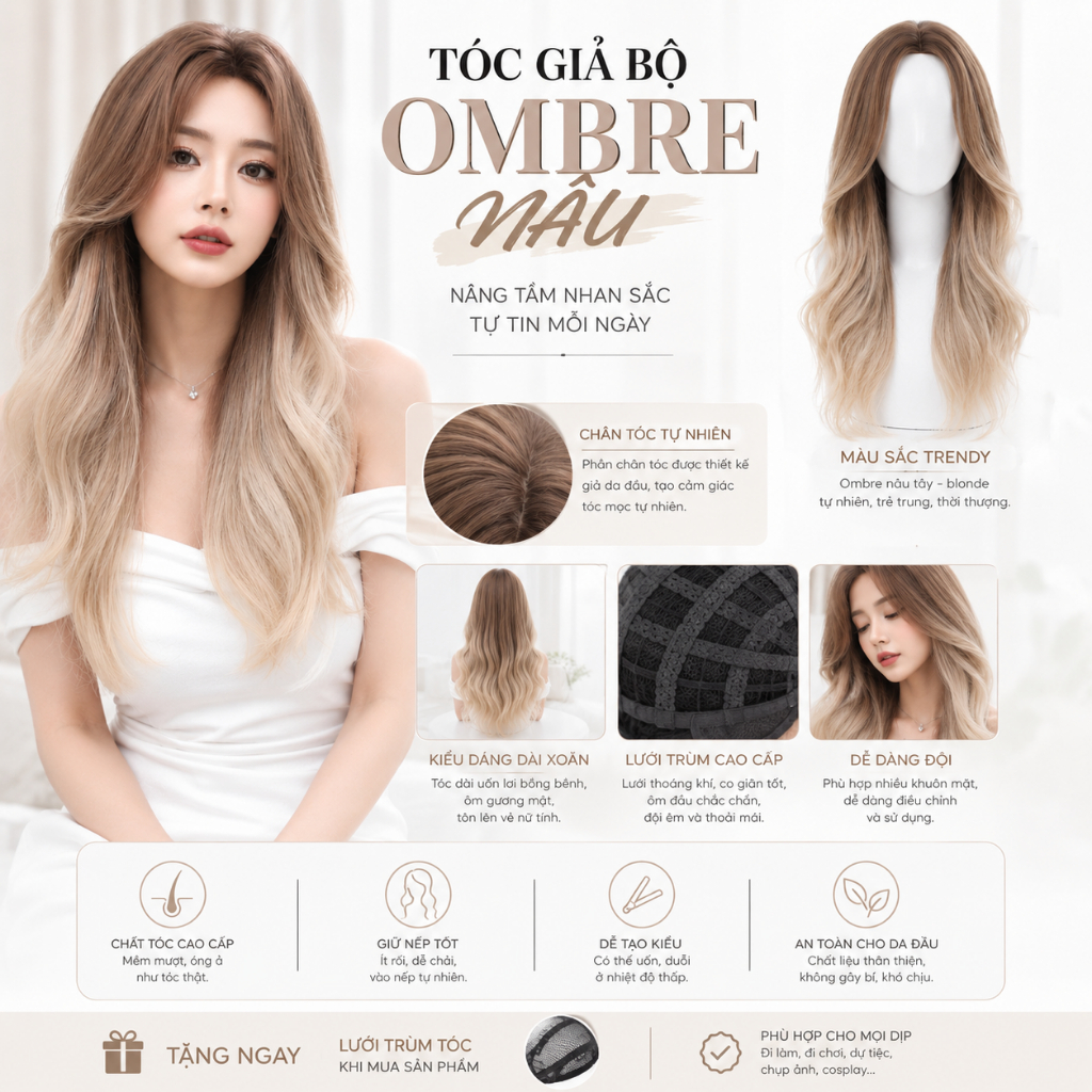 [SHOP UY TÍN] BỘ TÓC GIẢ NHUỘM PHA NÂU OMBRE HÀNG HIẾM TẶNG LƯỚI TRÙM TÓC