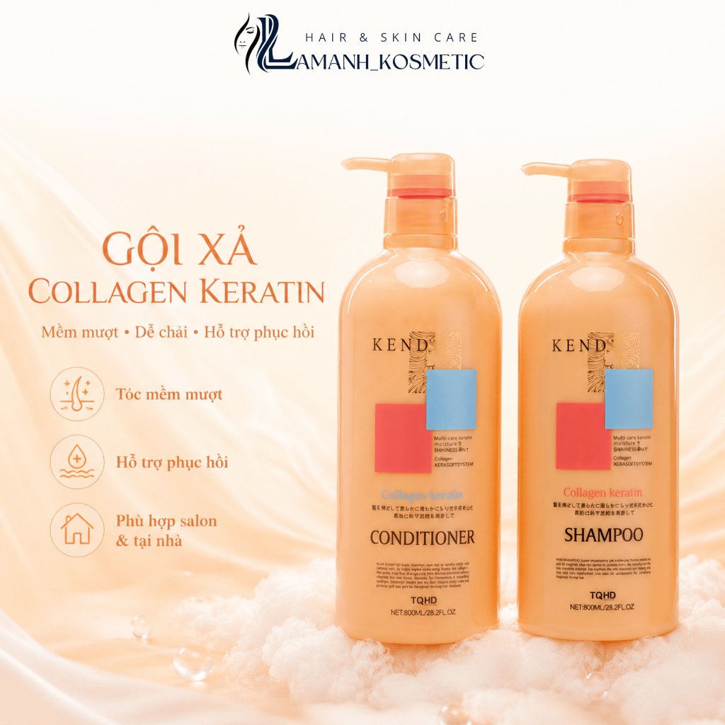 Cặp Dầu Gội Xả Kendy Collagen Keratin 500ml/800ml | Dưỡng Tóc Mềm Mượt, Dễ Chải, Hỗ Trợ Phục Hồi.