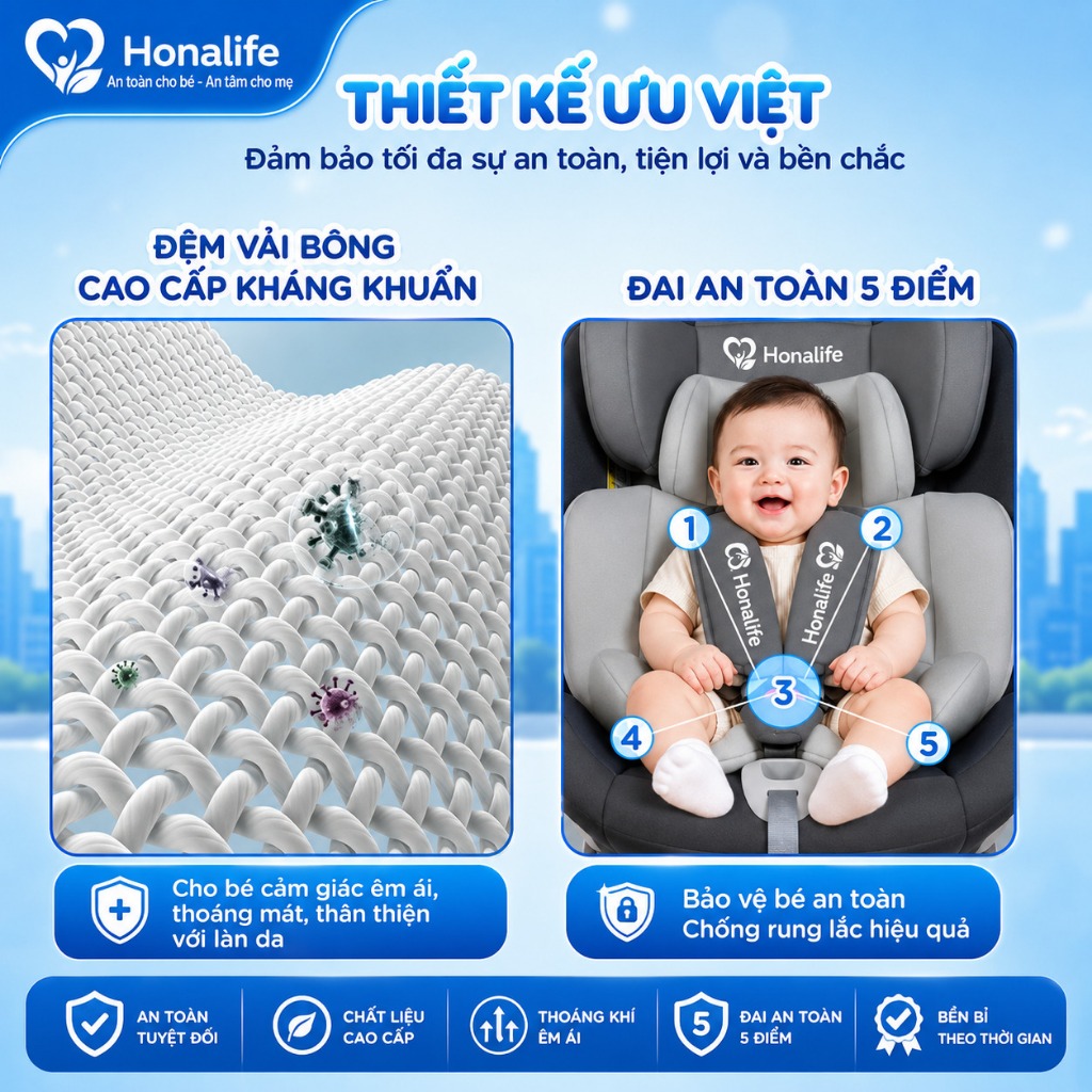 Ghế ngồi ô tô Honalife, bảo hành 24 tháng đạt chuẩn i-Size , dễ dàng tháo lắp tiện lợi