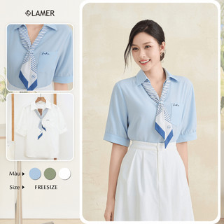Áo Kiểu Nữ Sơ Mi LAMER FASHION Công Sở Ngắn Tay Dáng Suông Phối Khăn Liền H61H24H002