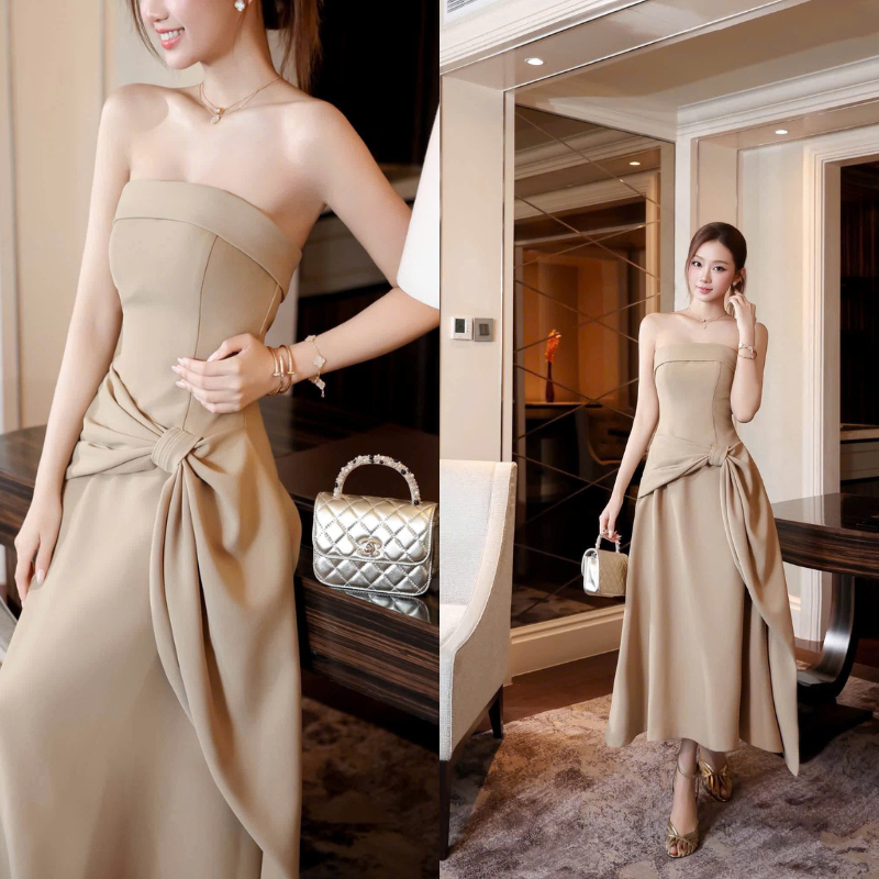 NH CLOTHER -Váy cúp ngực trần vai dáng xòe dài đính nơ eo màu trắng