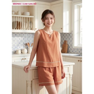 (Sẵn)6BDN02Đồ bộ nữ CARDINA chất liệu đũi bamboo họa tiết thêu nhẹ nhàng trang nhã thoáng mát 6BDN02