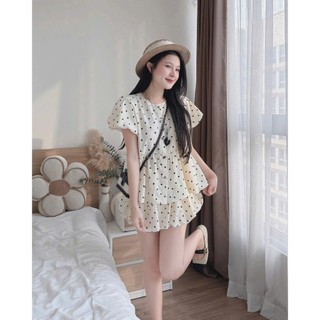 Set áo kiểu nữ babydoll kèm chân váy bí chấm bi chất đũi form 45-60kg