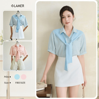 Áo Kiểu Nữ Sơ Mi LAMER FASHION Dáng Suông Kẻ Túi Ốp Phối Khăn Liền Ngắn Tay H61H25H008