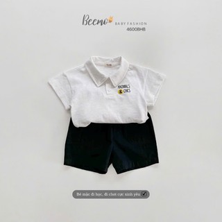 Bộ polo cổ đức bé trai, bộ thun áo trắng in hoạ tiết cộc tay quần kaki bé trai