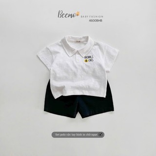 Bộ polo cổ đức bé trai, bộ thun áo trắng in hoạ tiết cộc tay quần kaki bé trai