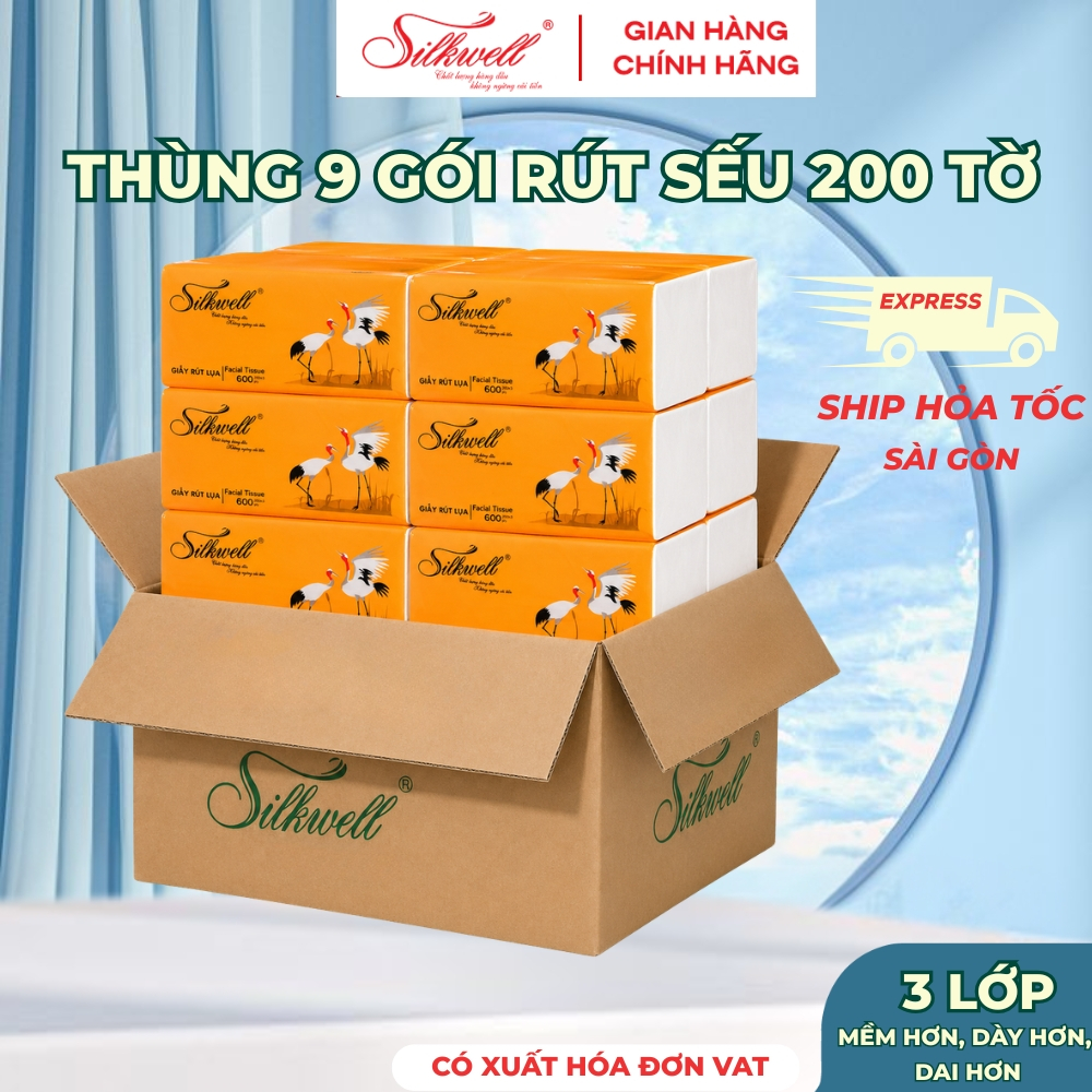 [HỎA TỐC] Khăn Giấy Rút Lụa Silkwell Sếu Thùng 9 Gói 200 Tờ/3 Lớp - Giấy Ăn Mềm Mịn Thấm Hút