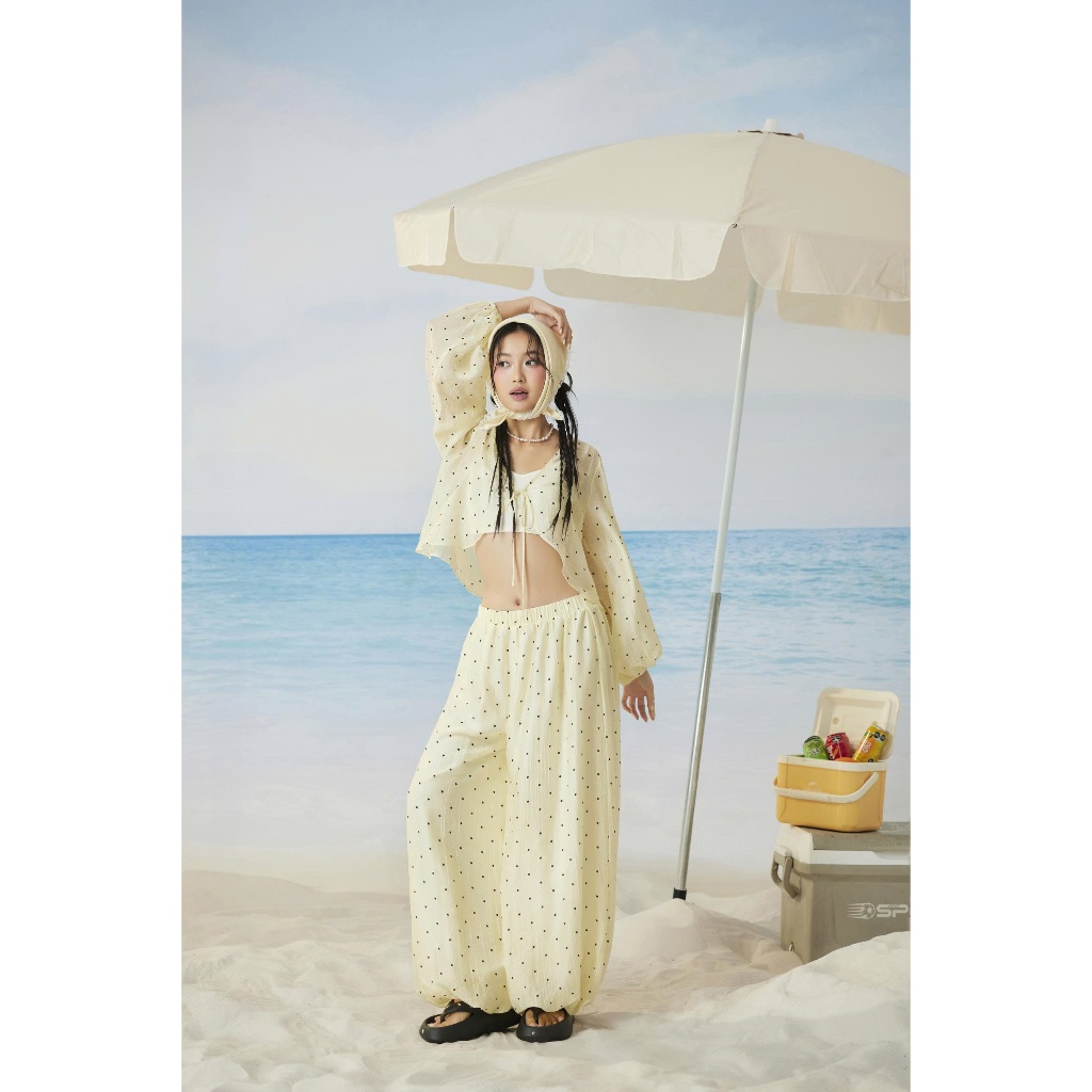Set Nữ Chấm Bi FOWSA Áo Cardigan Kèm Áo Hai Dây Và Quần Bí Dài Dễ Thương Mùa Hè SECODEE
