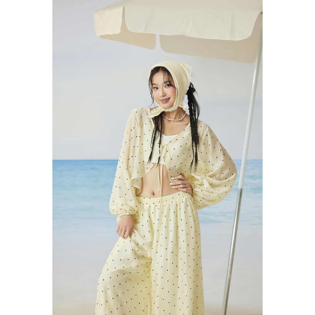 Set Nữ Chấm Bi FOWSA Áo Cardigan Kèm Áo Hai Dây Và Quần Bí Dài Dễ Thương Mùa Hè SECODEE