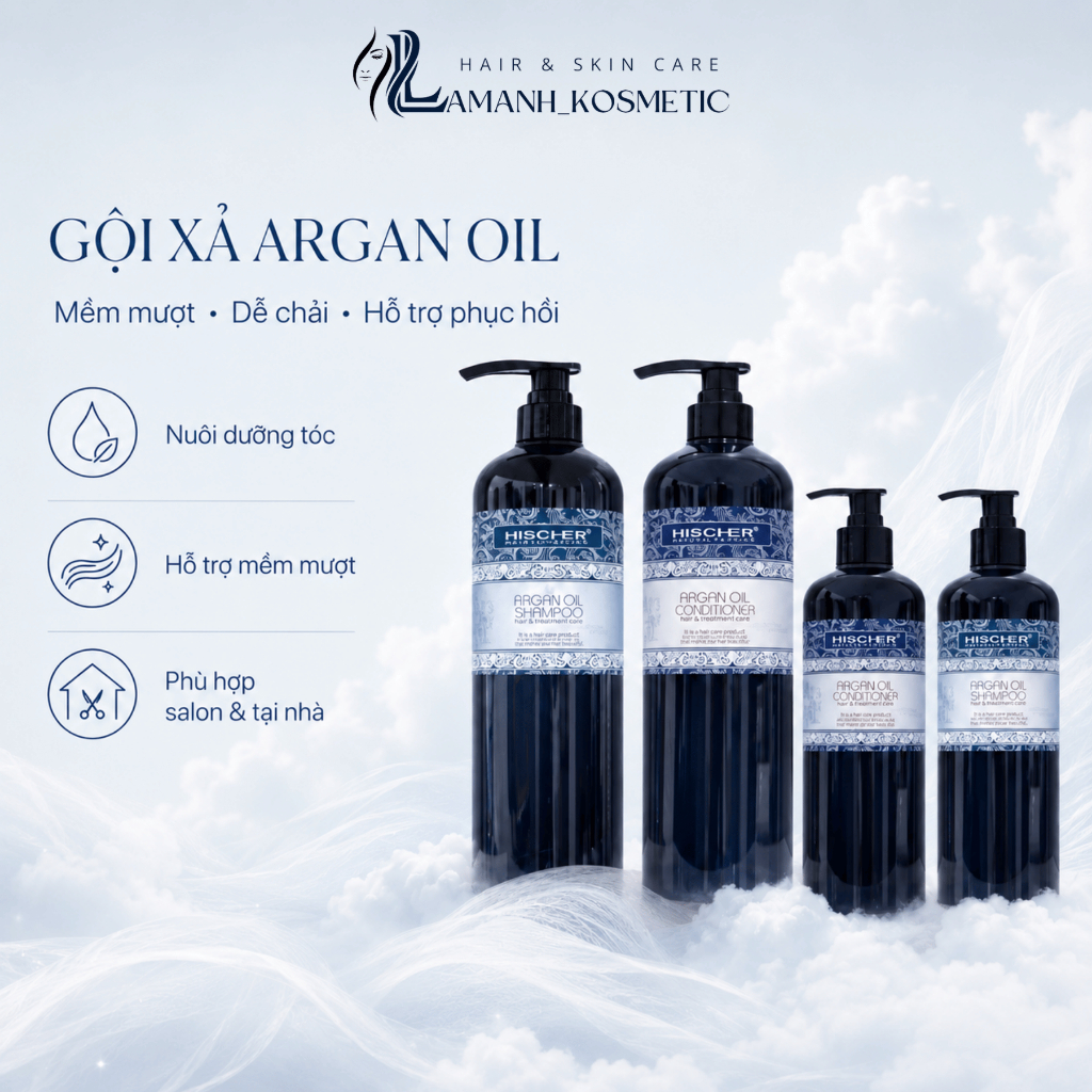 Cặp Dầu Gội Xả HISCHER Argan Oil 500ml/1000ml | Dưỡng Tóc Mềm Mượt, Hỗ Trợ Phục Hồi Tóc Khô Xơ.