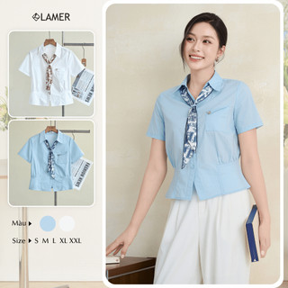 Áo Kiểu Nữ Sơ Mi Trắng Công Sở LAMER Phối Khăn Nhún Eo Ngắn Tay Cổ Đức Basic O61H26H015