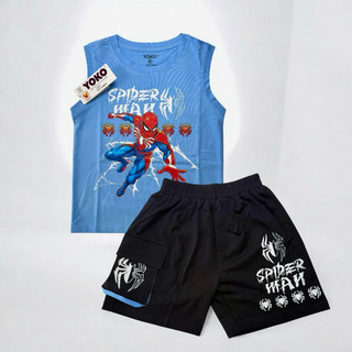 Bộ Quần Áo Thun Cotton 4 Chiều Cao Cấp Sát Nách In spider man Cho Bé Trai từ 13 - 27Kg - hãng YOKO