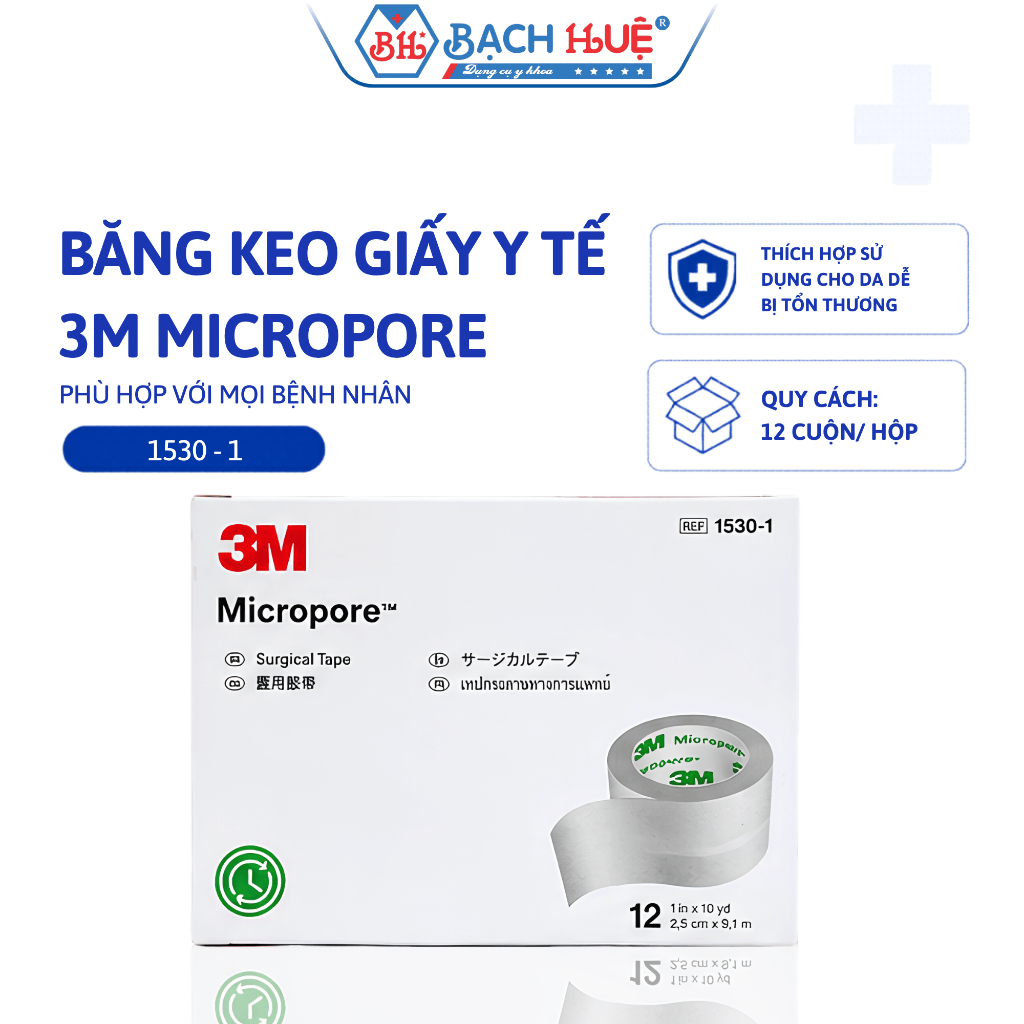 Hộp 12 Cuộn Băng Keo Giấy 3M Micropore 1530-1 Kích Thước 2.5cm x 9.1m–Băng Cuộn Giấy Y Tế Phẫu Thuật