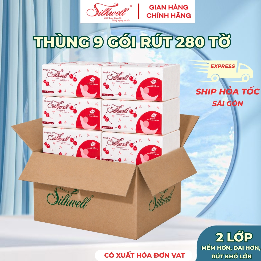 [HỎA TỐC] Giấy Ăn Rút Lụa Silkwell Thùng 9 Gói Cherry Rút 280 Tờ/Gói/2 Lớp - Giấy Ăn Không Mủn, Mềm Mịn
