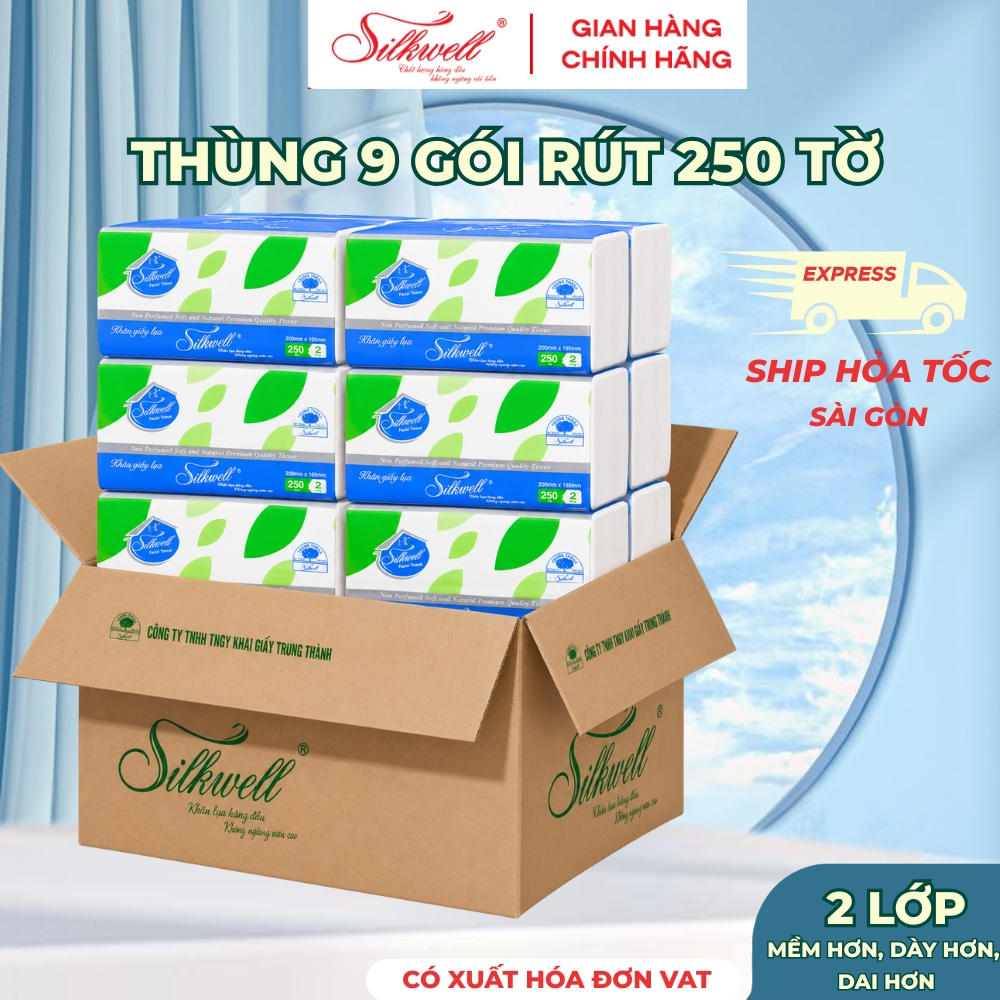 [HỎA TỐC] Giấy Ăn Rút Lụa Silkwell Thùng 9 Gói Xanh Rút 250 Tờ/Gói/2 Lớp - Không Bụi Mịn, Mềm Dai