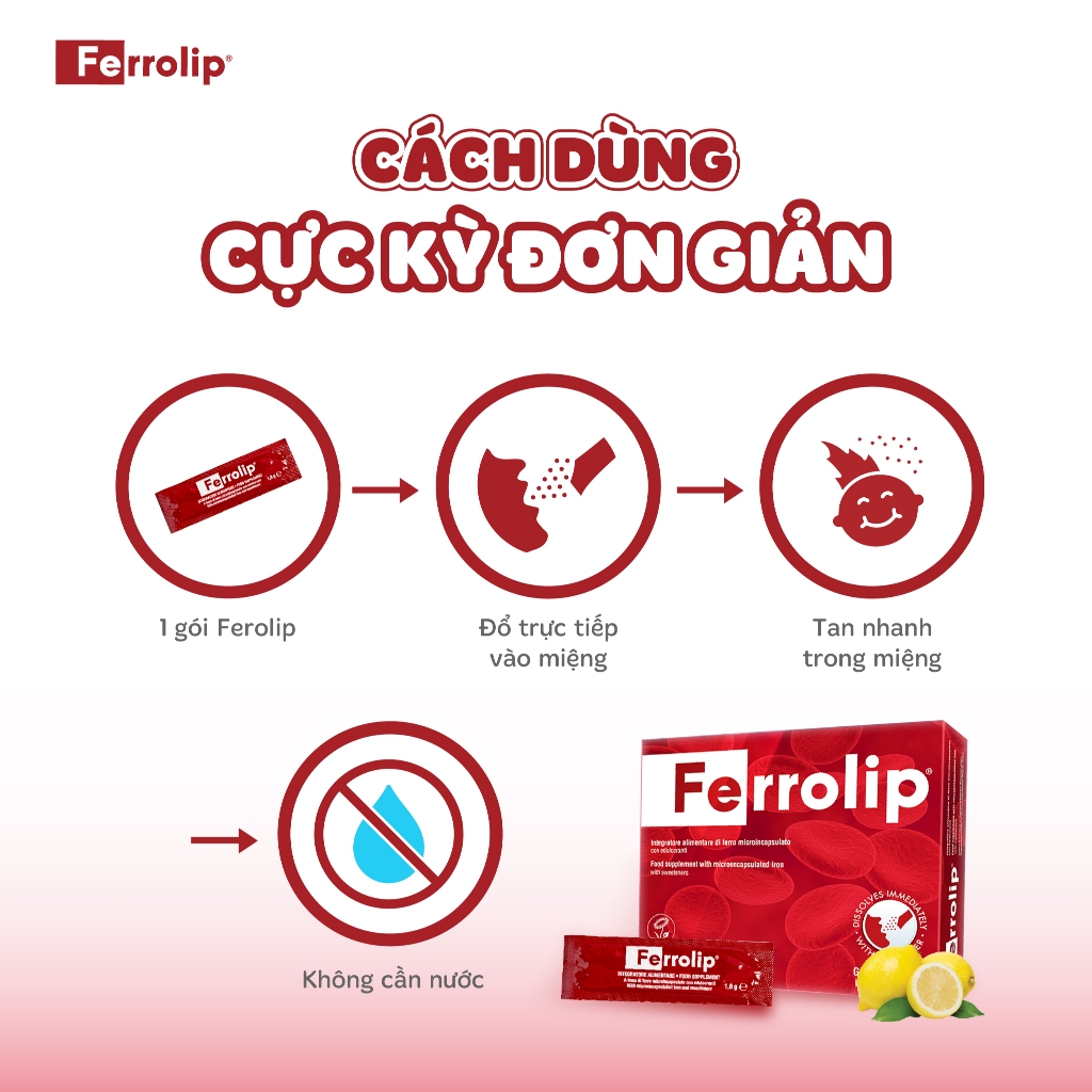 Sắt Ferrolip - Sắt ngon vị chanh dễ uống, dành cho mẹ bầu & người trưởng thành - Hộp 20 gói