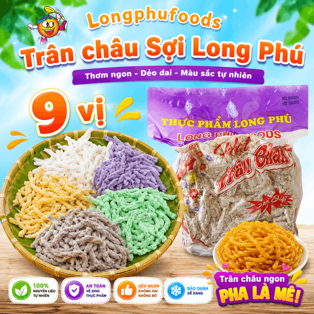 Trân Châu Sợi Long Phú gói 1kg có nhiều vị - Dùng làm Topping trà sữa, chè, nước giải khát