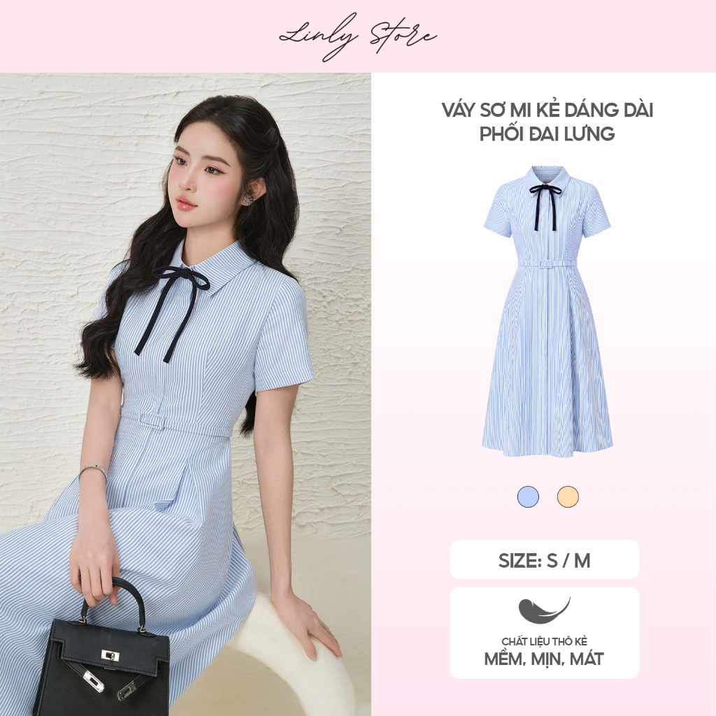 Váy sơ mi kẻ dáng dài phối đai lưng Linly Store đầm kiểu nữ form suông kèm nơ tiểu thư V-SM2
