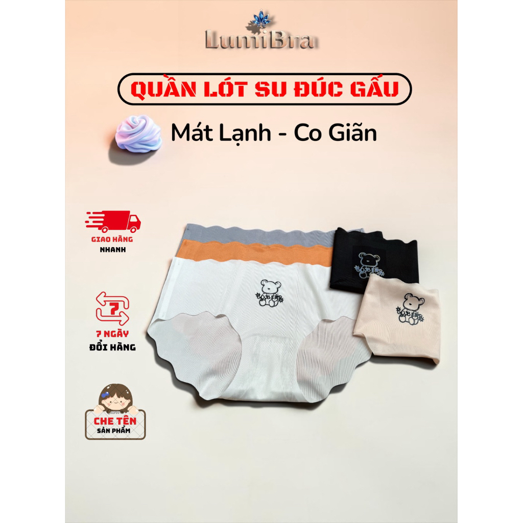 [LUMIBRA] Set 3/5 Quần Lót Nữ Su Lạnh Không Viền Họa Tiết Gấu, Mỏng Mát Co Giãn